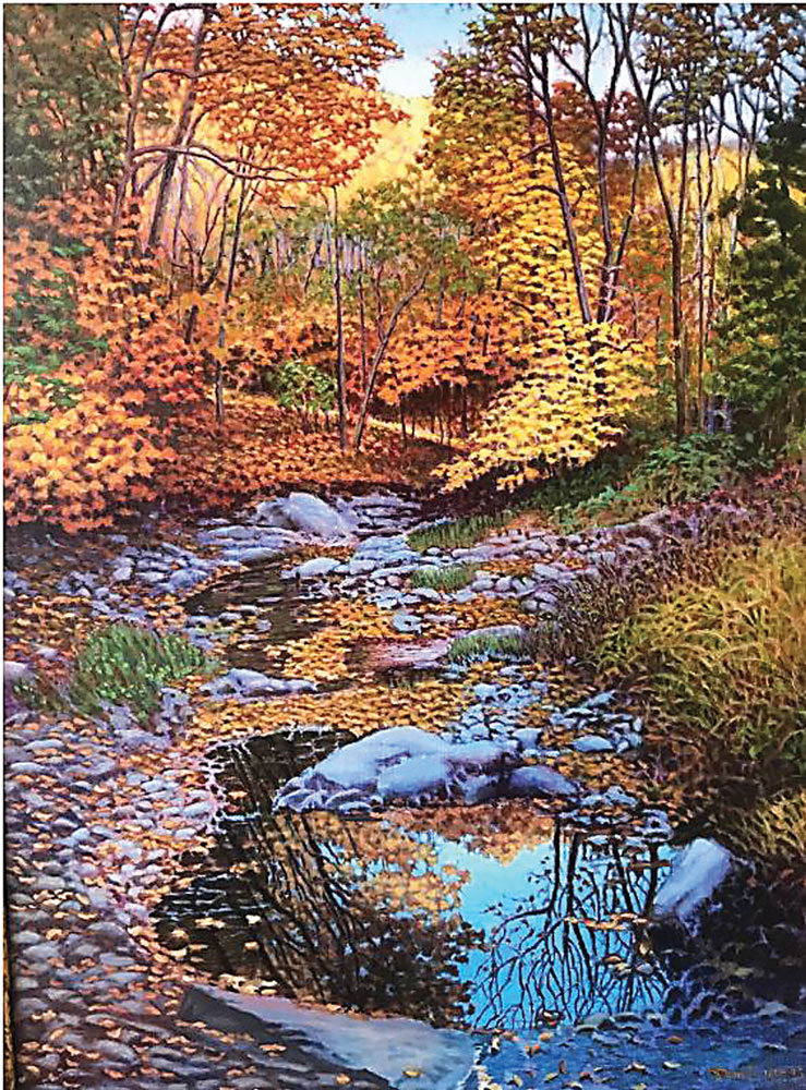 “Tinicum Creek, Autumn,” is an  oil painting by Dean Thomas, part of the Autumn Exhibition at Patricia Hutton Galleries in Doylestown.