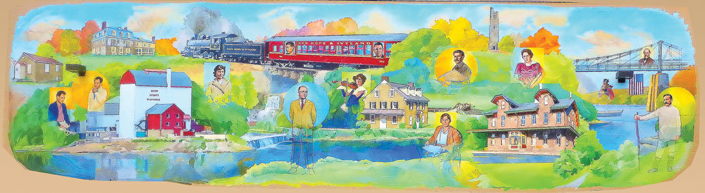 The Bucks County historical mural is painted on a back wall at the Giant Food Store in Logan Square, Solebury Township.
