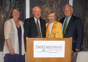 Linda Mead, left, former D&R Greenway Chair Brian Breuel, Betty Wold Johnson, former Board Chair Rich Goldman. (D&Rr Ggreenway)