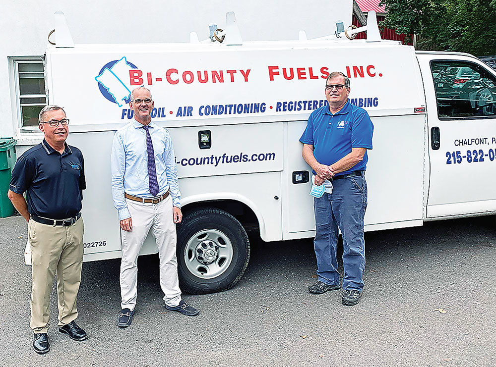 From left are: Bob Williamson, general manager, Moyer Indoor|Outdoor; David Moyer, president, Moyer Indoor|Outdoor, and Bill Evans, Bi-County Fuels.