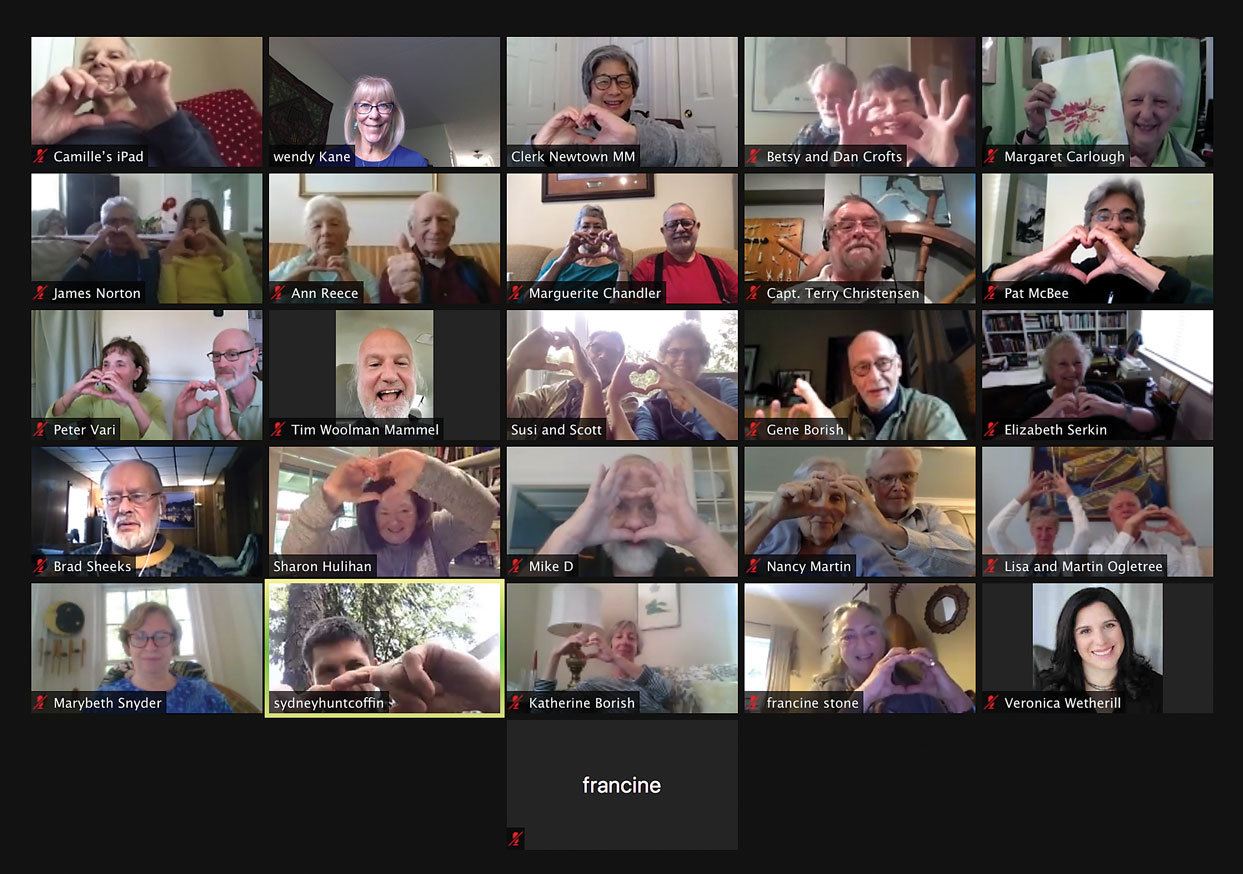 Quakers meet virtually and send love (hearts) throughout the world on World Quaker Day, Oct. 4.