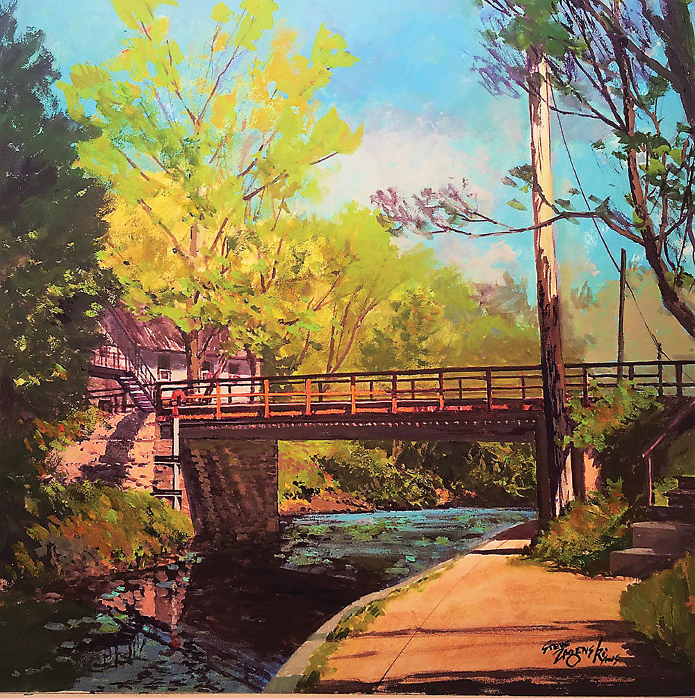 “Canal Bridge New Hope” is a watercolor and gouache by Steve Zazenski.