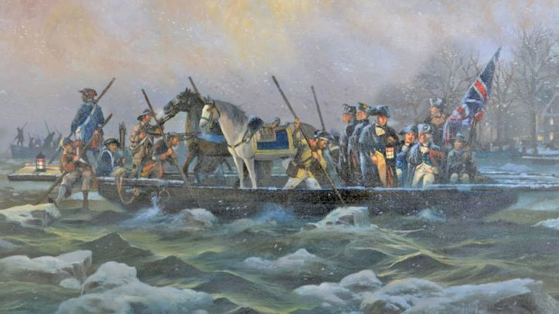 The American troops load men, horses and artillery on a barge for the crossing of the Delaware. (Painting by Lloyd Garrison)