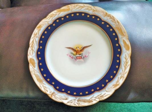 President Benjamin Harrison White House dinner plate worth $1,000, bought at a yard sale for $1 and sold with Dr. Lori’s help.