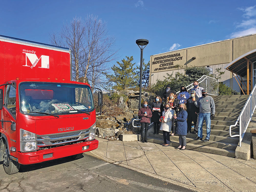The Pennsylvania Biotechnology Center, its member companies and colleagues at the Blumberg Institute and Hepatitis B Foundation collectied nearly 1,900 pounds of nonperishable food, which was delivered by a crew from Moody Movers on Jan. 22 to the food pantry run by Bucks County Housing Group.