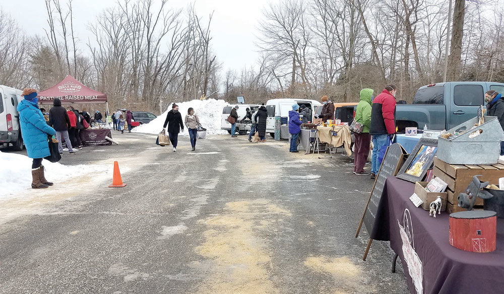 Vendors are spaced apart at the outdoor Wrightstown Farmers Market, held the second and fourth Saturday of each month through April. (Susan S. Yeske)