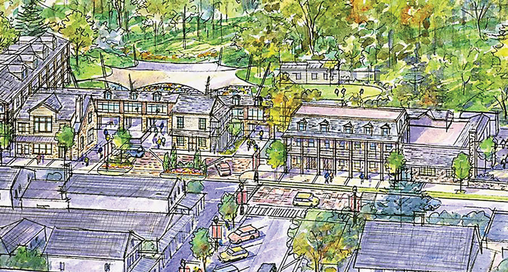 The vision for the Stockton Inn includes renovating the original inn and adding buildings and a covered amphitheater in the New Jersey village. The 2010 United States Census counted 538 people, 237 households, and 142 families in the borough. The image is an architect’s drawing in a video created by the prospective buyers.