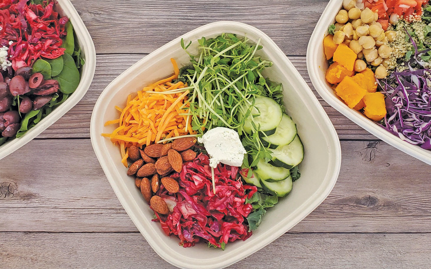 Hot and cold bowls, like these shown here, are a top seller at the store, which offers a bowl station and prepared-foods case featuring foods for traditional and alternative diets.