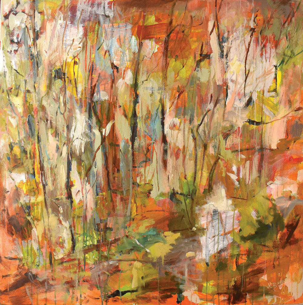 “A Forest,” a mixed media on canvas, is by Jean Childs Buzgo.