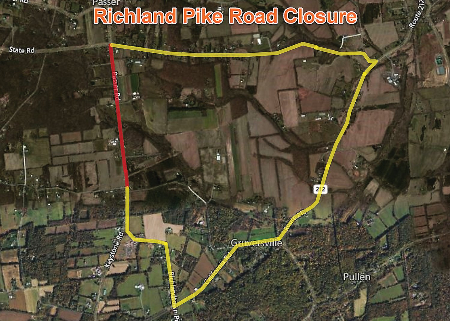 This map shows the detour, in effect beginning Monday, May 24, for the replacement of the culvert carrying Richland Pike over Cooks Creek in Springfield Township.