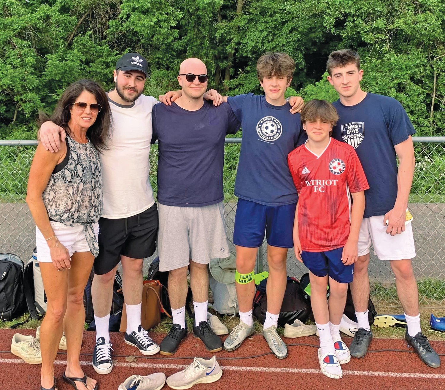 From left are: Nicole, Collin, Nolan, Declan, Brody and Liam Curran. Donations from this year’s Robert Nagg Memorial Soccer Game are going to support brain tumor research at the University of Pennsylvania in Nolan Curran’s name.