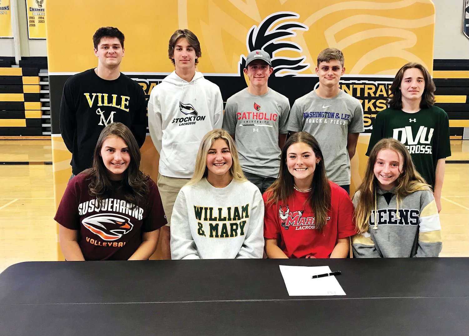 CB West recently recognized several seniors for committing to continue their sport at the collegiate level. From left are: front row, Brianna Livezey, Paige Gilbert, Shelby Hahn, Carlin McFadden; back row, Teddy Spratt, Connor Albrecht, Conor Gross, Jack Foster and Cole Graeff.
