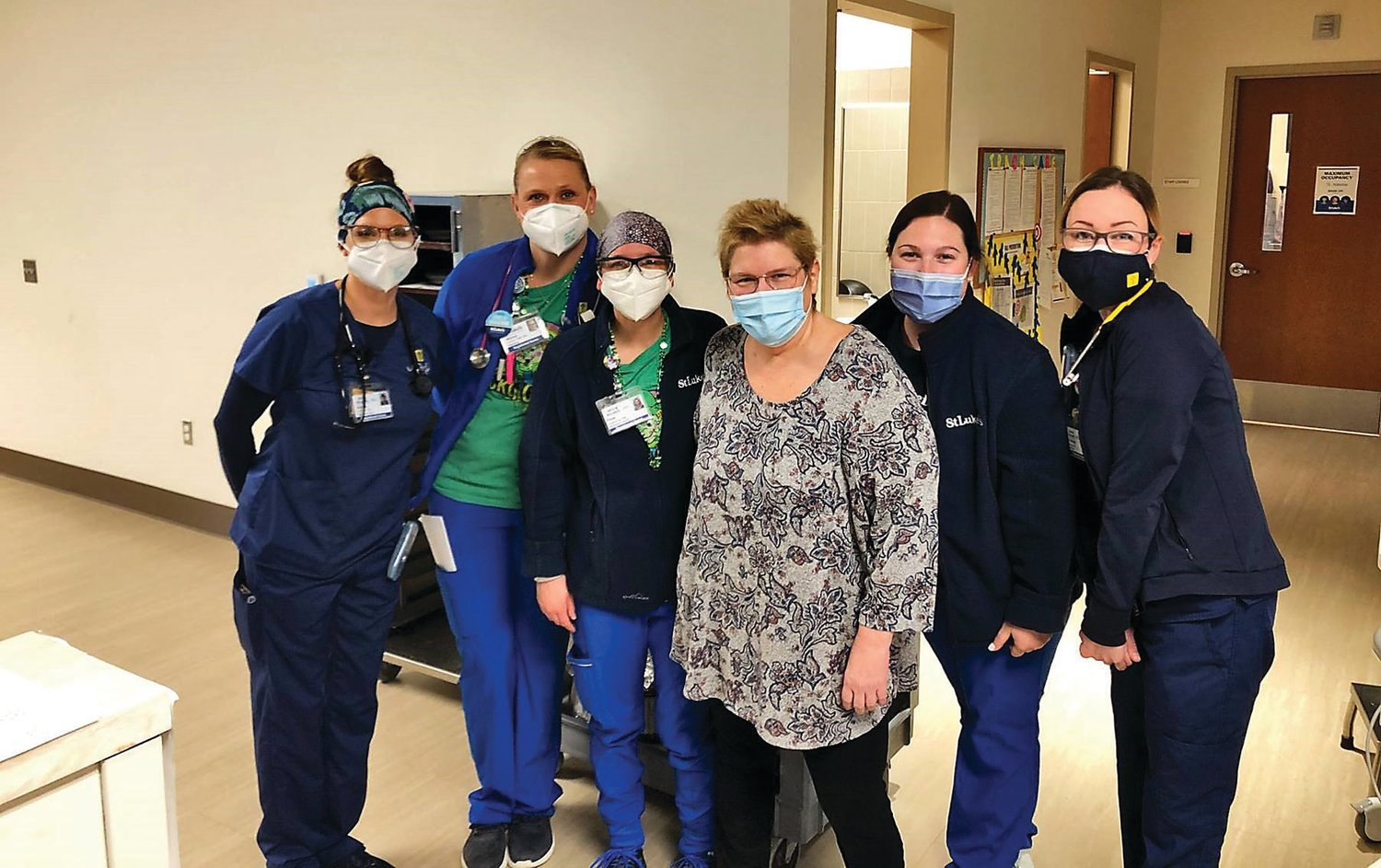 Michele Grida’s caregivers at St. Luke’s Upper Bucks Campus celebrated her survival during Grida’s visit to the hospital to thank the staff of the ICU and third floor. From left are: registered nurses Brenda Costello, Melissa Juchno and Paige Lieberman, Michele Grida, and registered nurses Megan Maskornick and Sharon Michael Rogers.