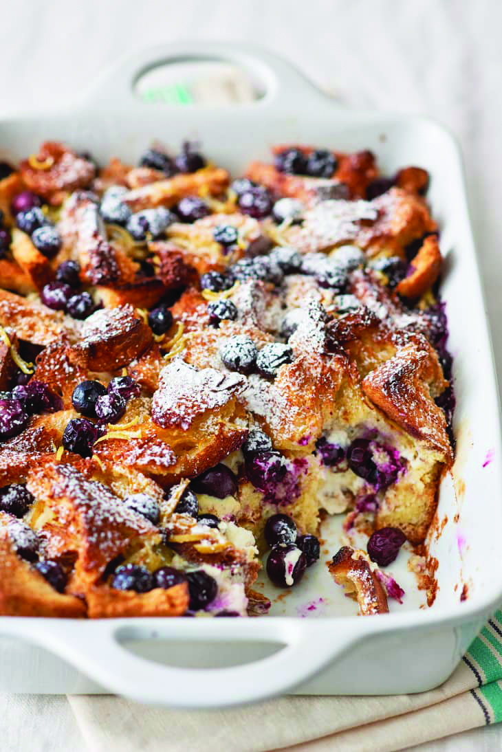 Local blueberries in season add flavor and texture to this breakfast bake that can be made ahead.