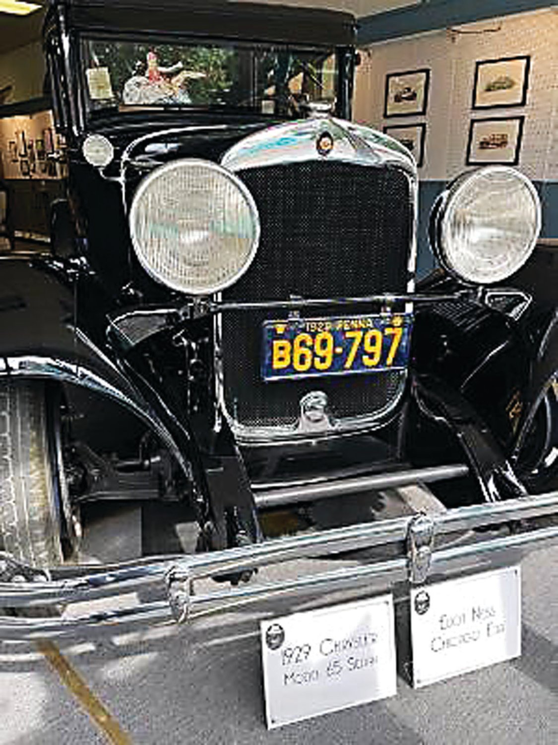 CLARK
A 1929 Chrysler sedan is one of the museum’s vintage cars that would have been seen on the streets of Chicago and Cleveland during the Prohibition Era.