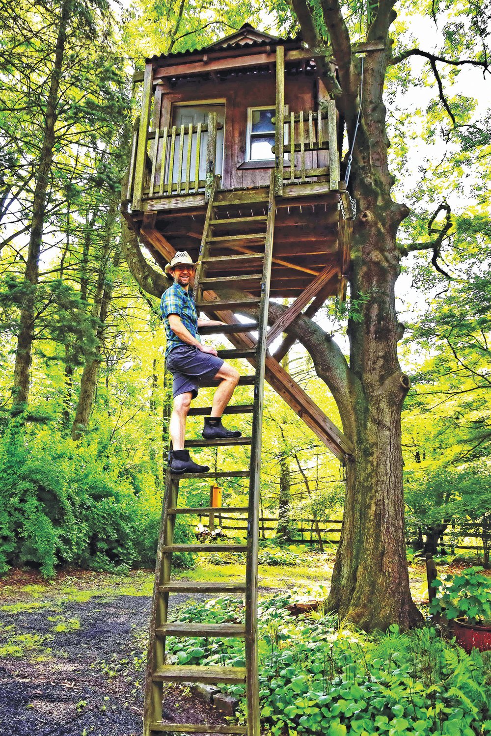 Garden host Chad Clem climbs a treehouse ladder.