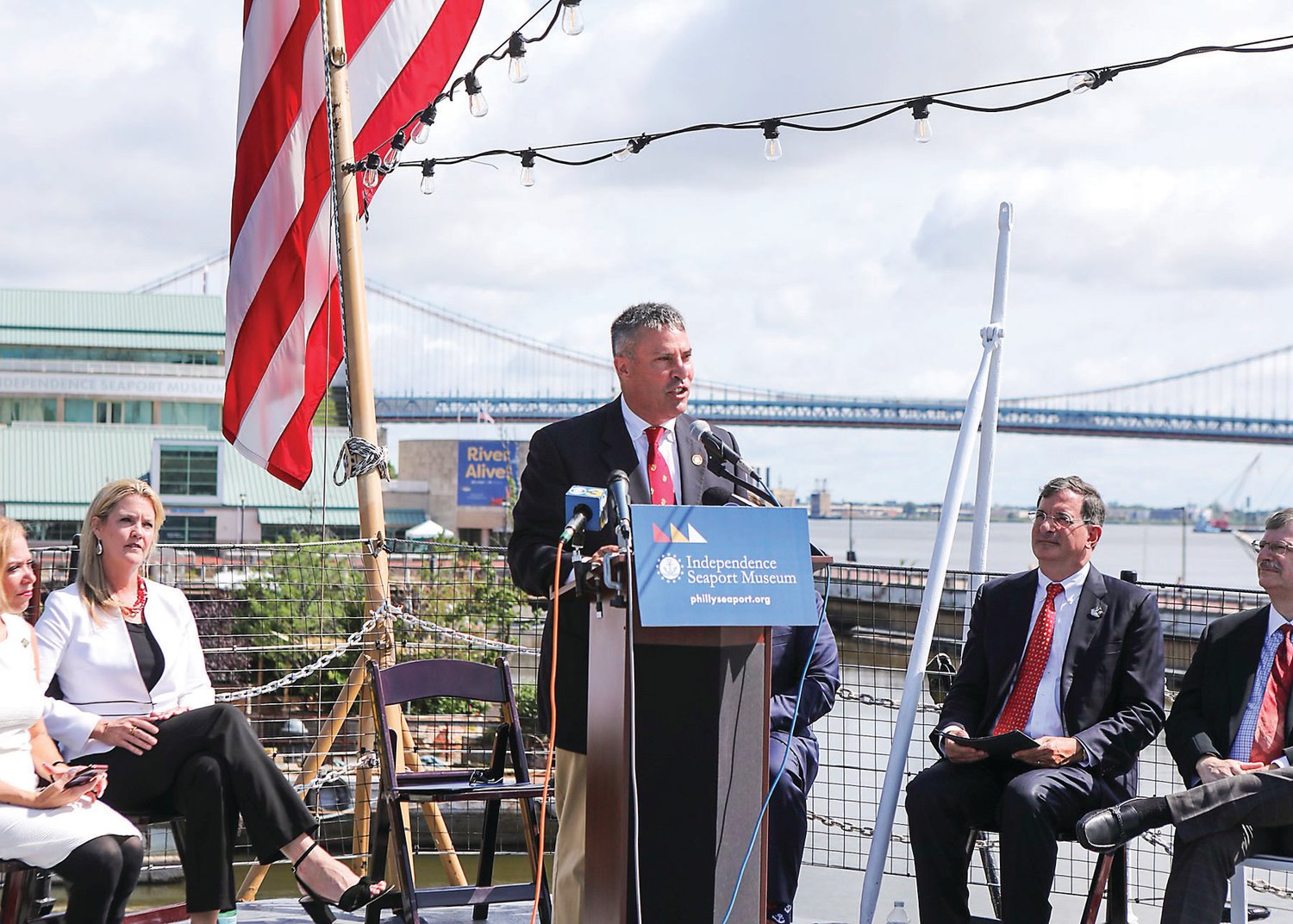 State Rep. Greg Rothman, (R-Cumberland) speaks July 9 aboard Cruiser Olympia docked at the Independence Seaport Museum in Philadelphia. Rothman and other state leaders highlighted the Philadelphia/Camden region as a potential site for the 250th birthday celebration of the U.S. Navy and Marine Corps in 2025.