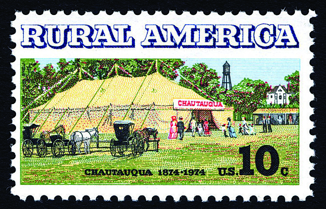 The Chautauqua Rural America stamp was designed by John Philip Falter (1910-1982) an illustrator who painted Doylestown’s St. Paul’s Episcopal Church for the cover of Saturday Evening Post in 1951.