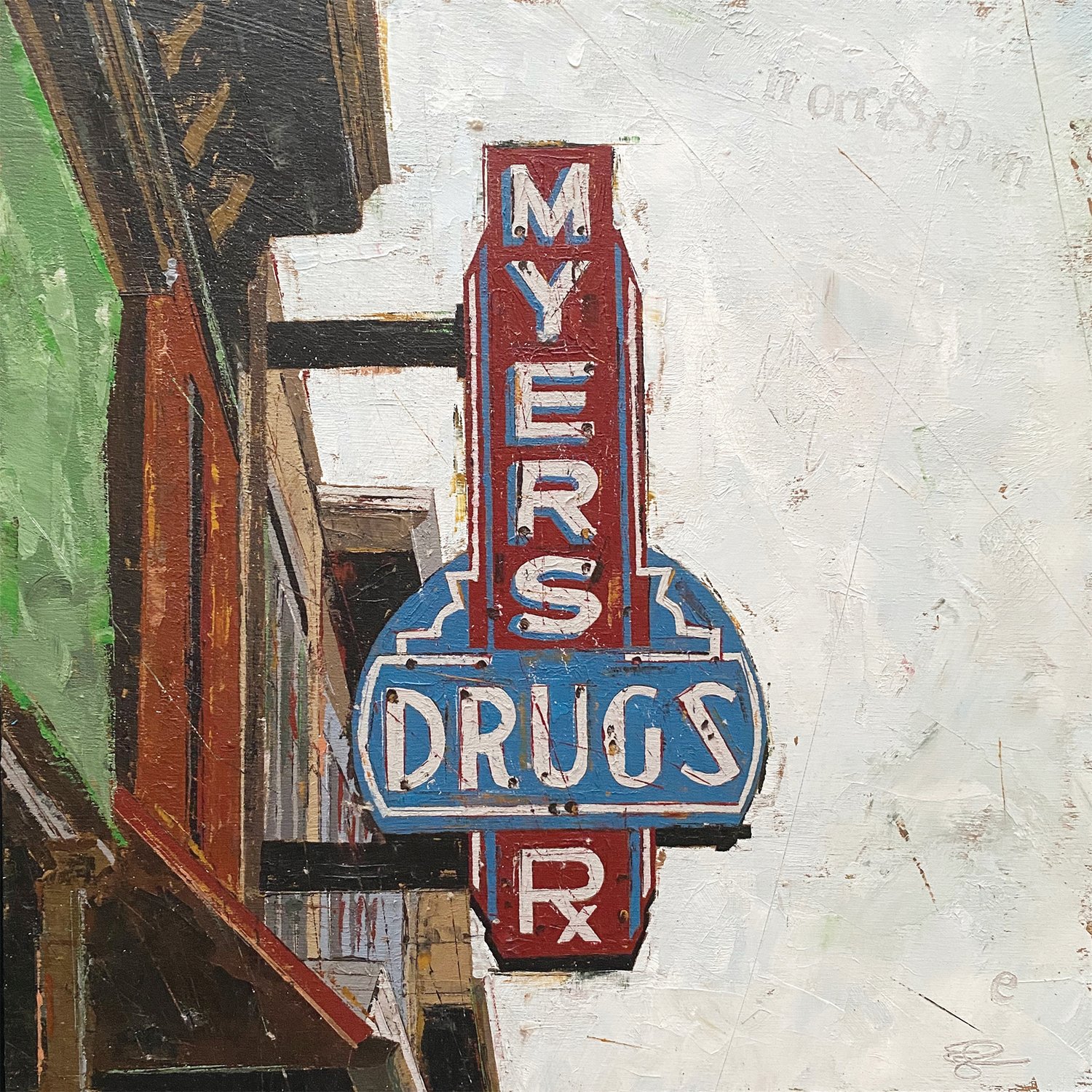 “Myers Drugs“ by Emily Thompson. The crisp edges of architectural details contrast with the ragged and layered abstracted sky.