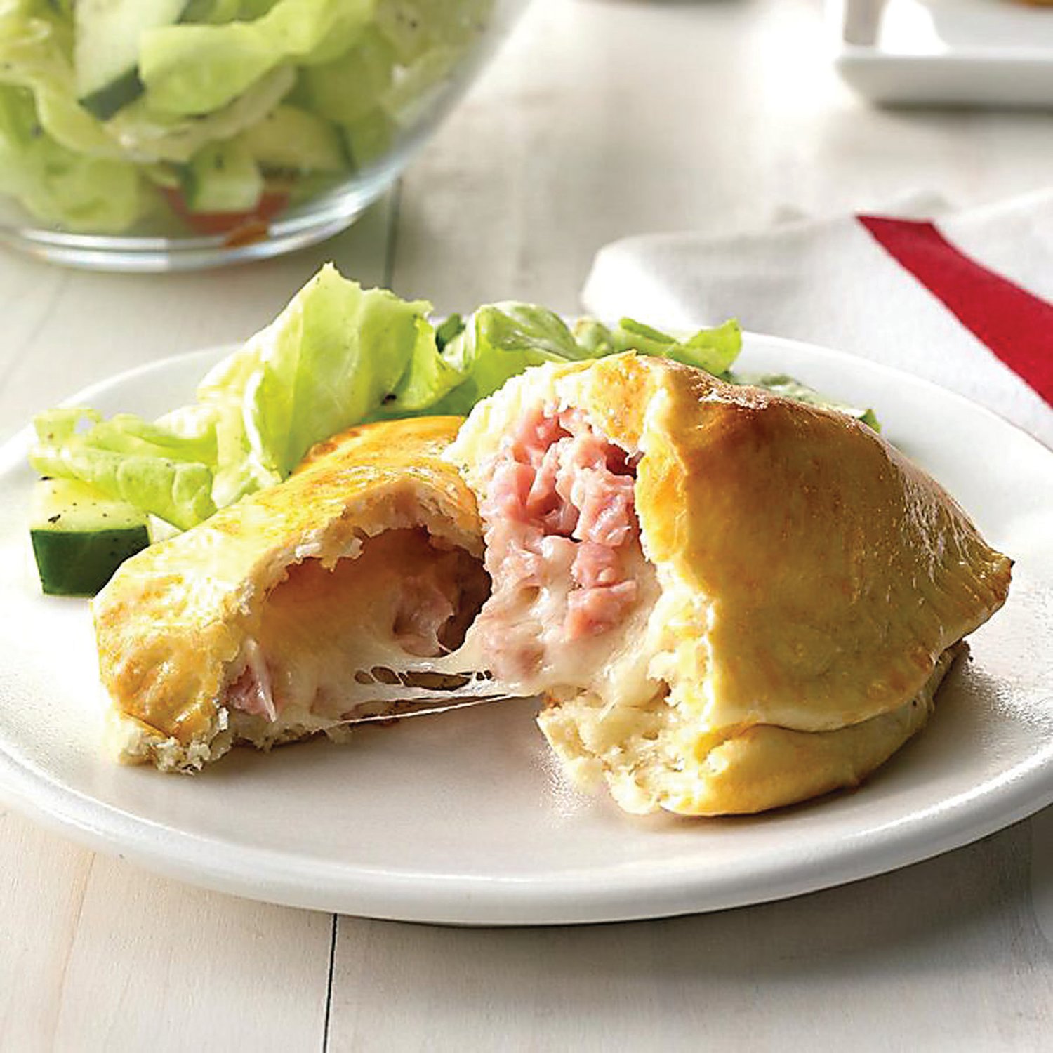 Ham and cheese pockets can be made ahead of time using a loaf of frozen bread. They can be served hot or cold.