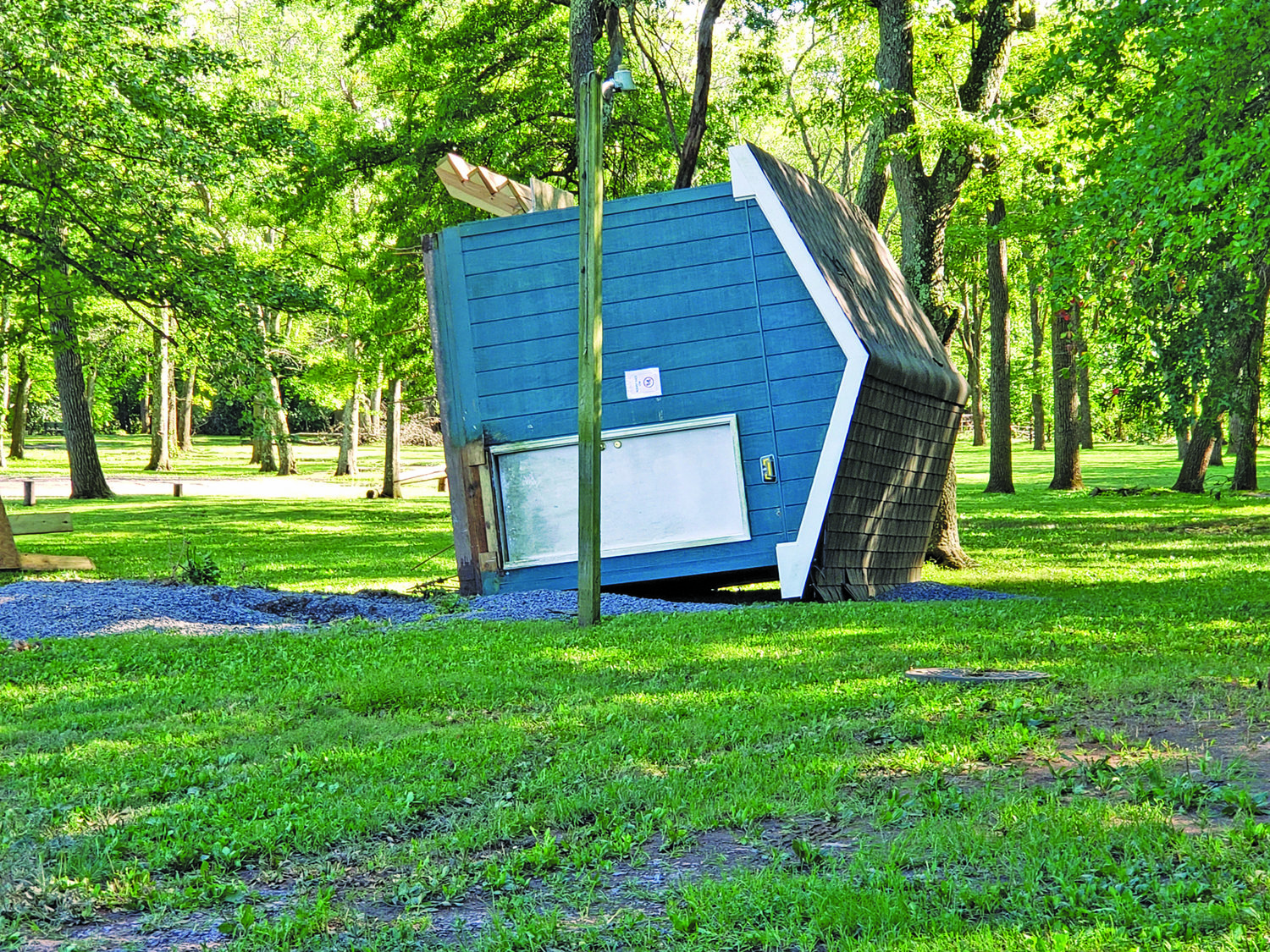 A shed tipped over at Lenape Park’s Minors Field, Perkasie.