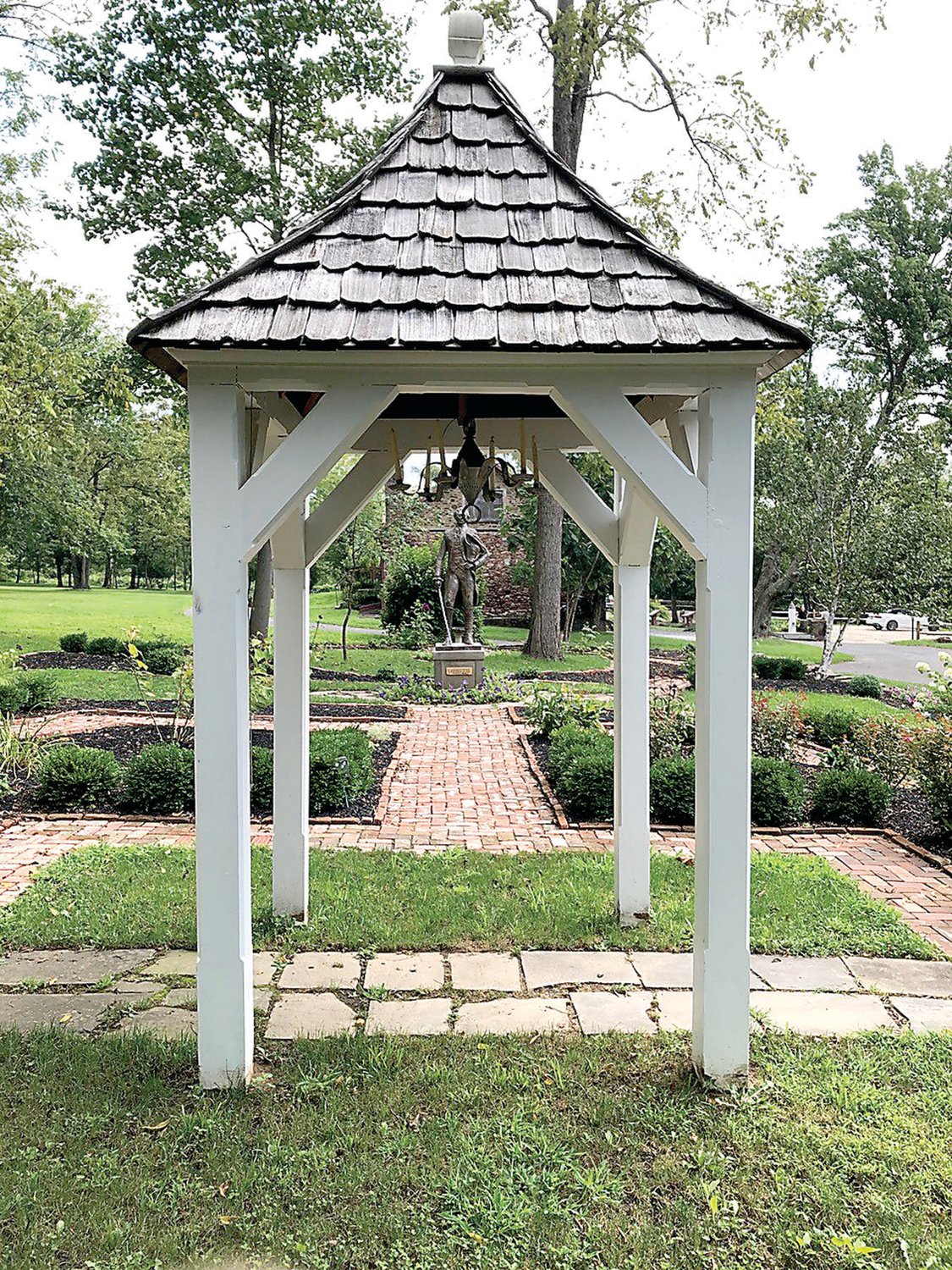The Colonial Gardens are maintained by Steve Forostiak. The Lafayette statue in the background was donated by Murrie Gayman of the board of directors.