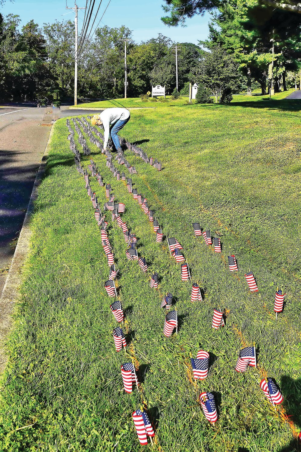 A view of the flags placed on the church property.