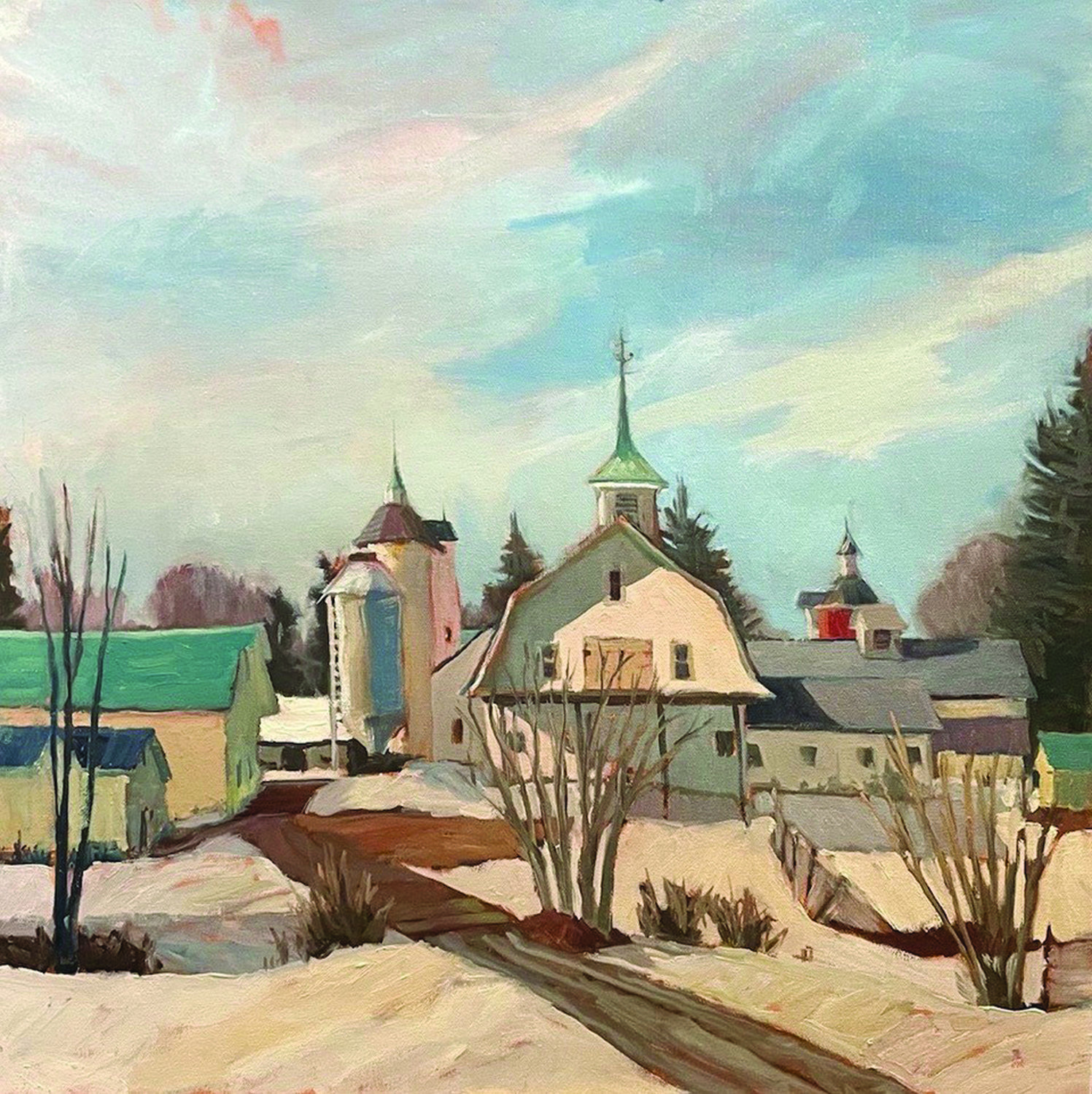 “Elm Grove Winter” is an oil on canvas by Trisha Vergis, part of her solo show at Silverman Gallery.