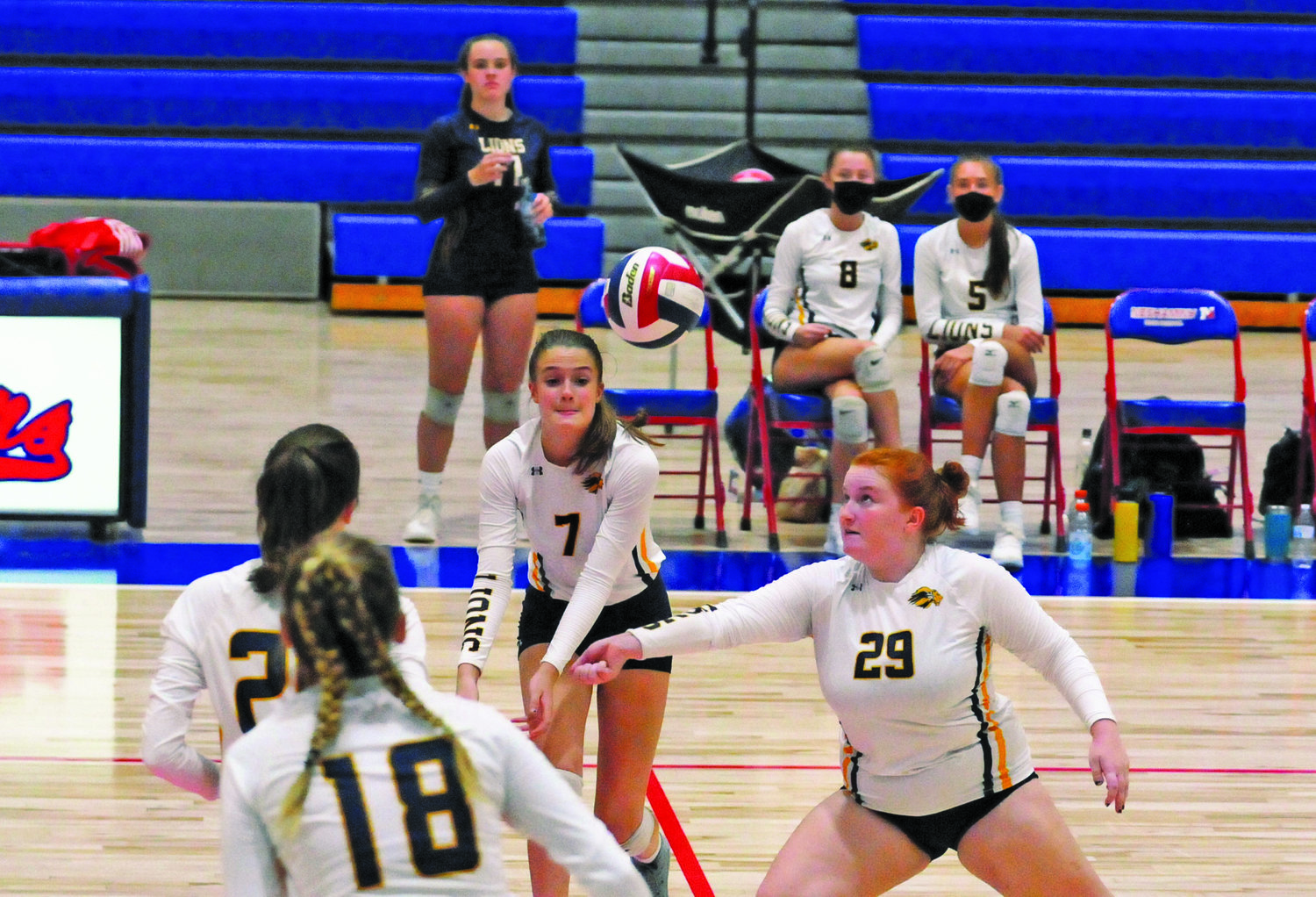 New Hope-Solebury senior Violet Cole-Glick, No. 29, right, and sophomore Anna Leasure, No. 7, take aim at the ball in a girls volleyball match Sept. 15 at Neshaminy High School.