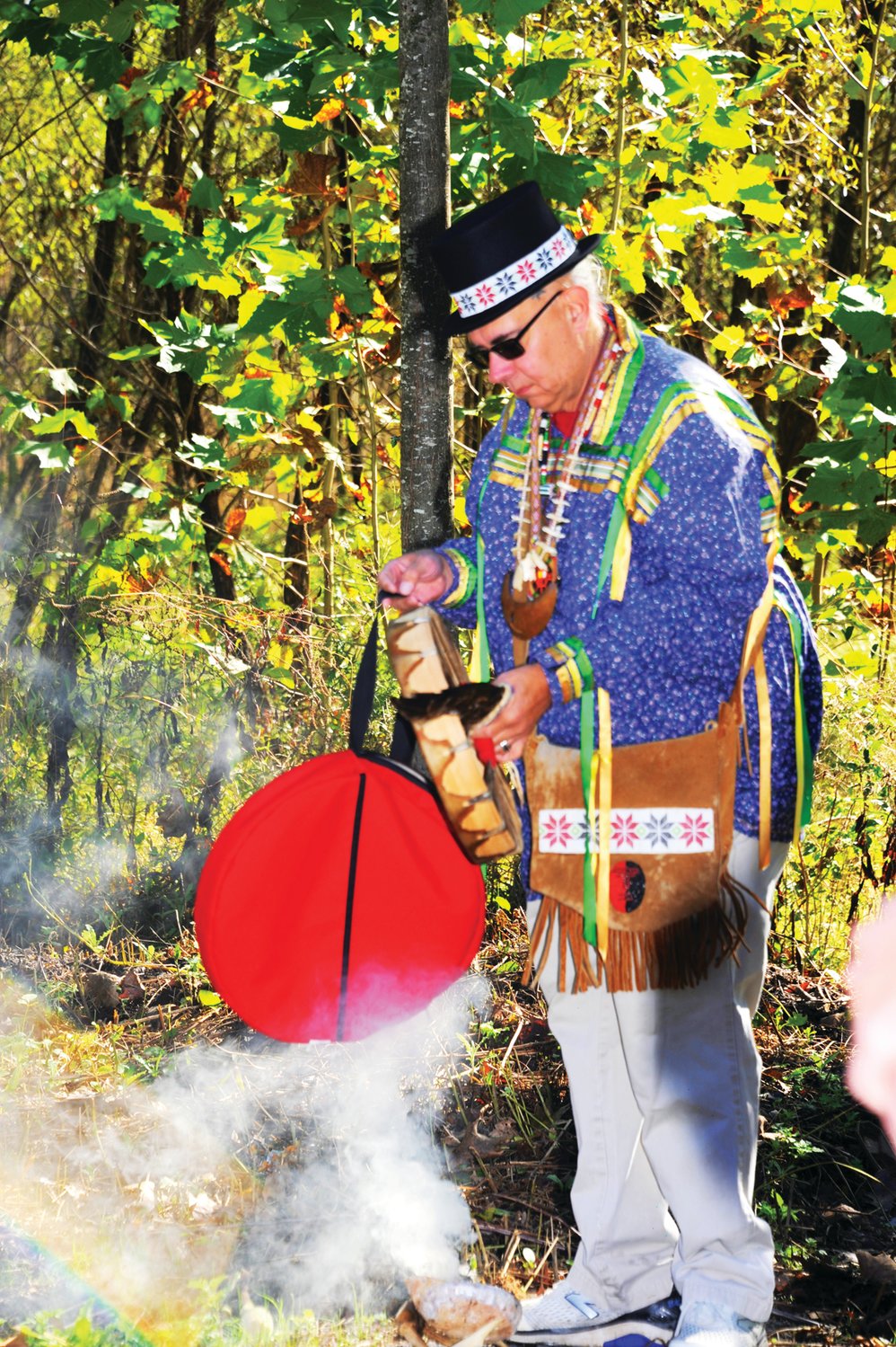 Lenape Chief Chuck Gentlemoon DeMund offered a Lenape prayer during the formal opening ceremony for Aquetong Spring Park on Route 202 in Solebury Township, site of an ancient spring where members of the Lenape Tribe had a village.