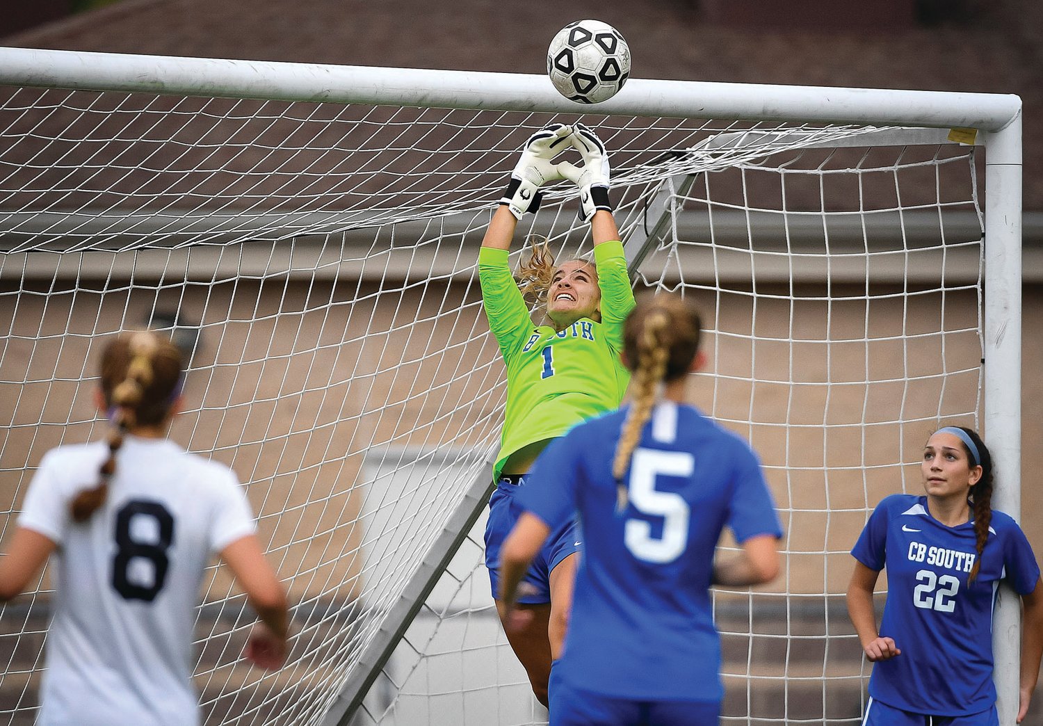 CB South goalie Kristen Conway makes a save off a corner kick in South’s 2-1 victory.