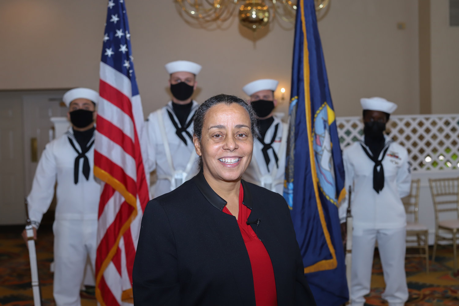Michelle Howard, retired admiral and commander of U.S Naval Forces and Africa, was greeted by an honor guard at her visit in Bucks County Sept. 29.