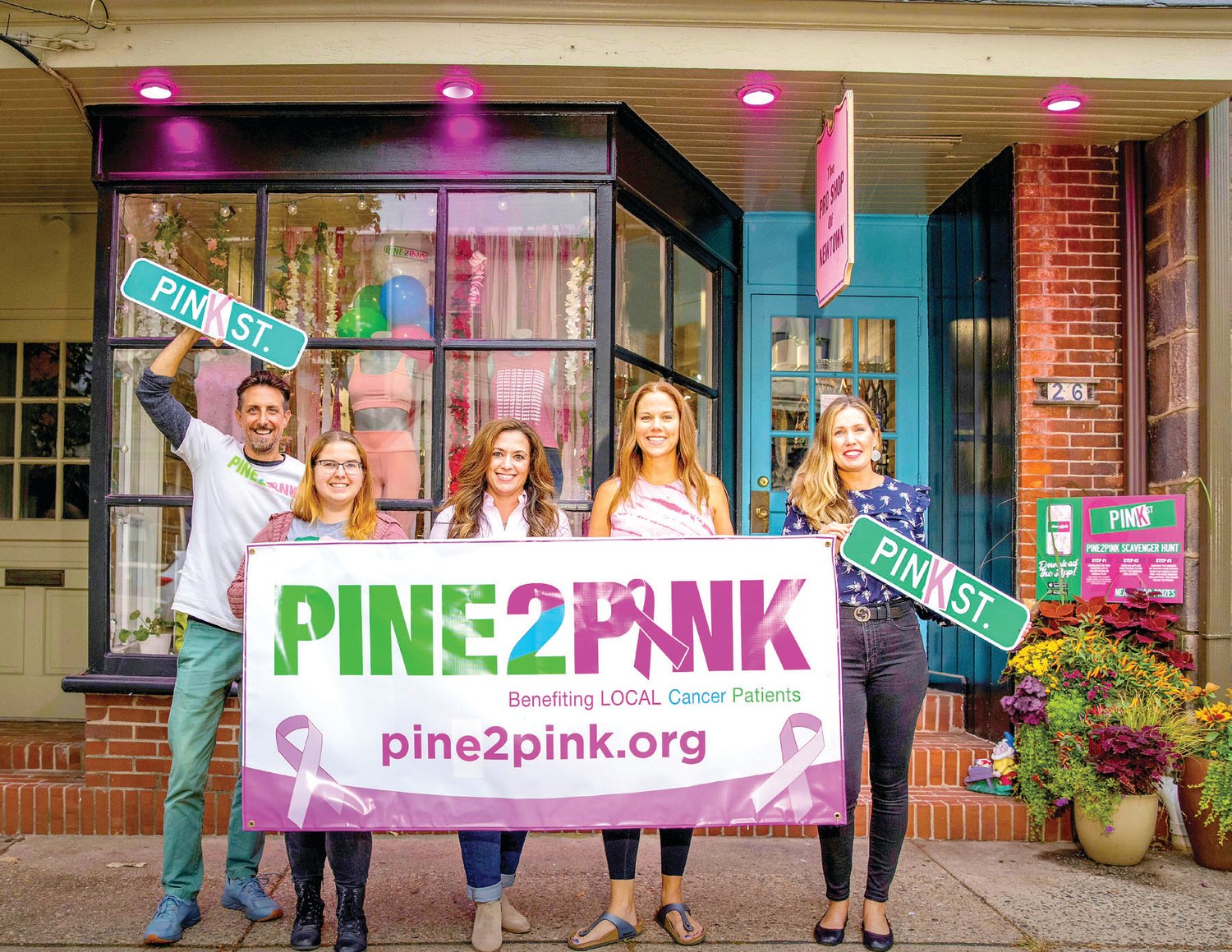 From left are: Keith Fenimore, founder Pine2Pink; Brittany Brown, social influencer; Gina-Maria Santoro, owner, Giovanni’s Fine Fashions; Kathleen McCafferty, owner, The Pro Shop of Newtown; and Nicole Rodowicz, Newtown Borough Council member.