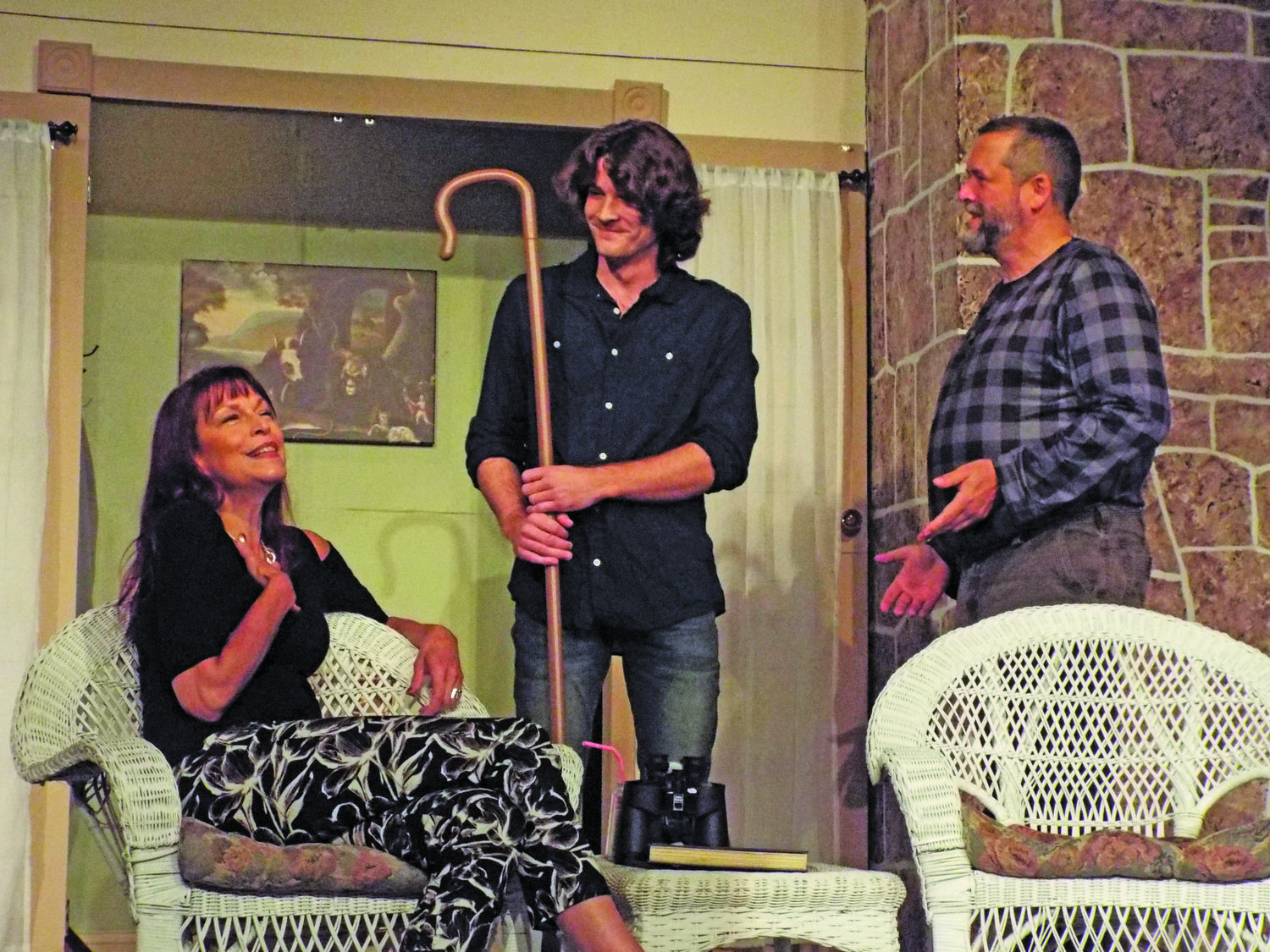 From left are Cathy Liebars as Masha, Michael O’Hara as Spike, and DJ Holcombe as Vanya in the ActorsNet production of Christopher Durang’s “Vanya and Sonia and Masha and Spike.”