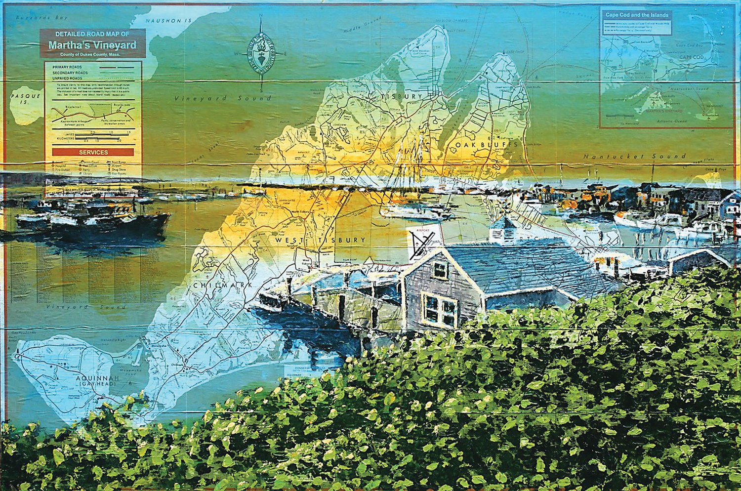 A painting of Martha’s Vineyard is by John Petach, of Stockton, N.J., one of the Covered Bridge Artisans.