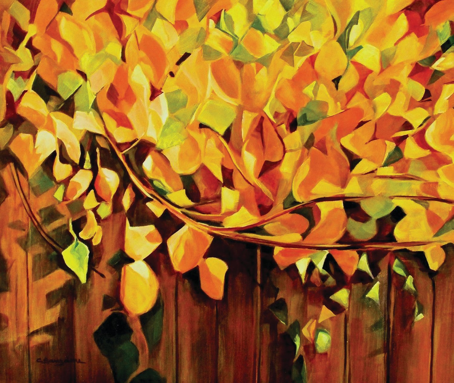 “Leafy Fence of Fall Color” is an acrylic on panel by Carol 
Sanzalone.