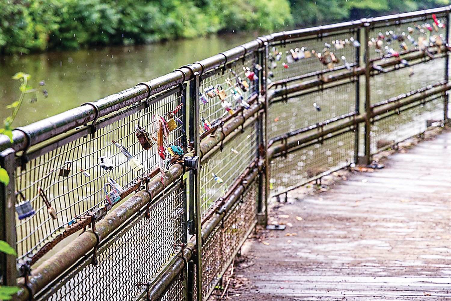 Locks fill the railing of the canal towpath bridge in Lambertville.