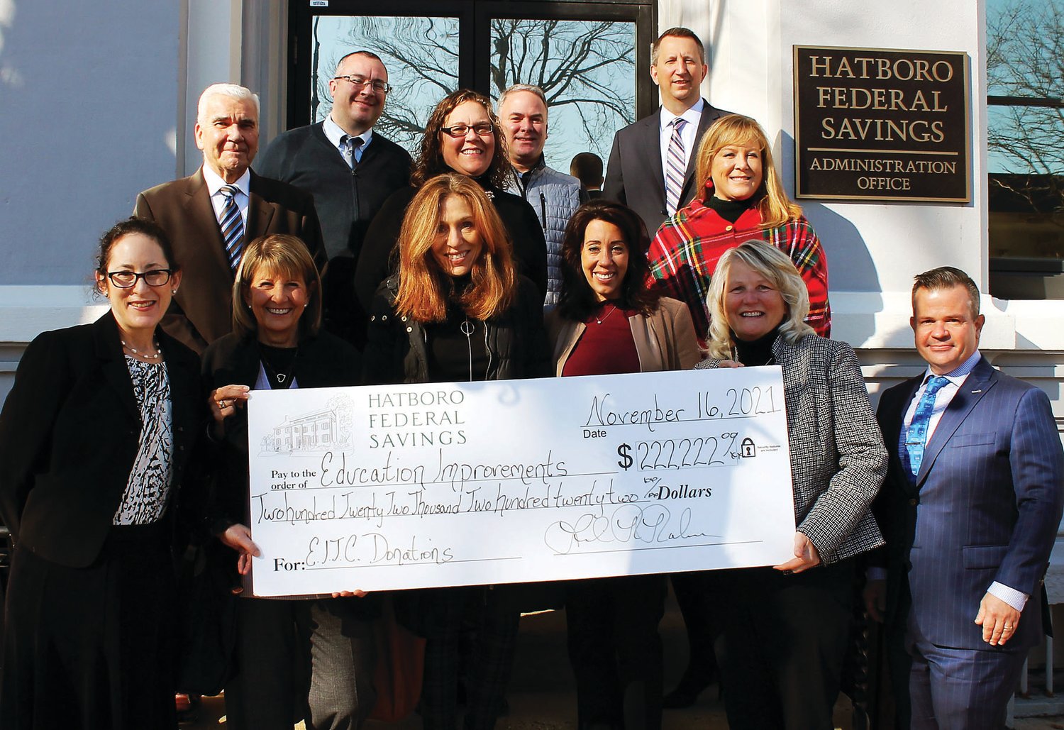 Accepting grants from Hatboro Federal Savings on behalf of their organizations are: from left, back row, Bob Phillips, Centennial Education Foundation; Michael Celec, Union Library of Hatboro; TaraLee Kepner, Hatboro-Horsham Education Foundation; Jim Owens, Upper Dublin Education Foundation; and Dr. Scott Eveslage, Hatboro-Horsham Education Foundation; and from left, front row, Patricia Smallacombe, Bucks County Community College Foundation; Carolyn Fisher, Centennial Education Foundation; Michelle Boas, Upper Dublin Education Foundation; Rachael Kurtz, Big Brothers Big Sisters of Bucks County; Linda Roehner, CEO, Hatboro Federal Savings; and Andrew States, Bucks County Community College Foundation. Representatives from Upper Moreland Education Foundation and CB Cares are not pictured.