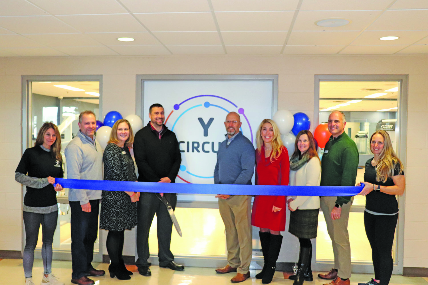 A Dec. 13 ribbon-cutting ceremony at the Y’s Quakertown branch marked the opening of the new Y Circuit Room. At the ceremony are: Jen Gaj, director of health and wellness; J.R. Hager, secretary for Upper Bucks Regional Advisory Broad; Allyson Fox, vice president of operations, Upper Bucks region; Justin Brown, chief volunteer officer for Upper Bucks Regional Advisory Board; Zane Moore, president/CEO; Tricia Feinthel, chief operations officer; Lisa Gaier, member of Upper Bucks Regional Advisory Board; Dennis Pfleiger, member of YMCA of Bucks County Association Board;  and Andrea Brown, regional director of personal training.