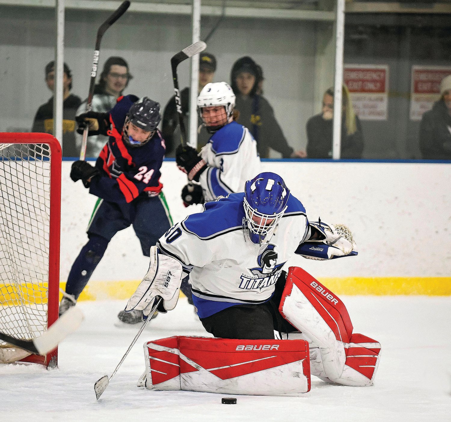 CB South’s Dominic Varacallo makes a save on a breakaway shot from CB East’s Stephen DiRugeris.