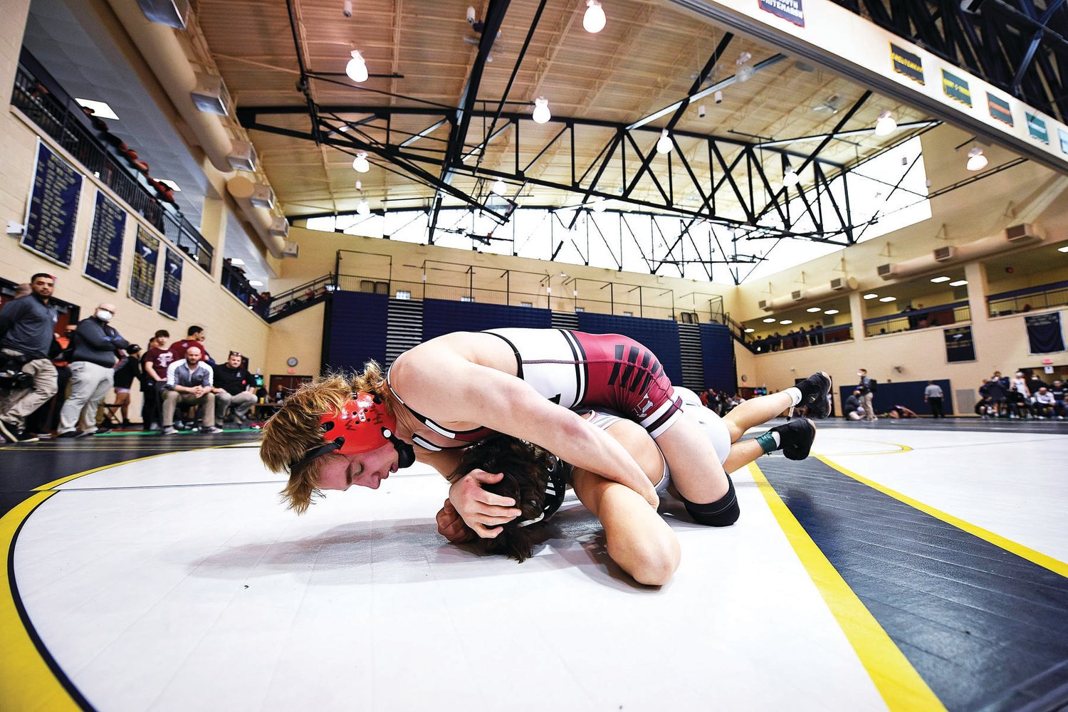 Eric Alderfer of Faith Christian Academy during his third period fall victory over Sam Gautreau of Owen J. Roberts in the 145-pound weight class.