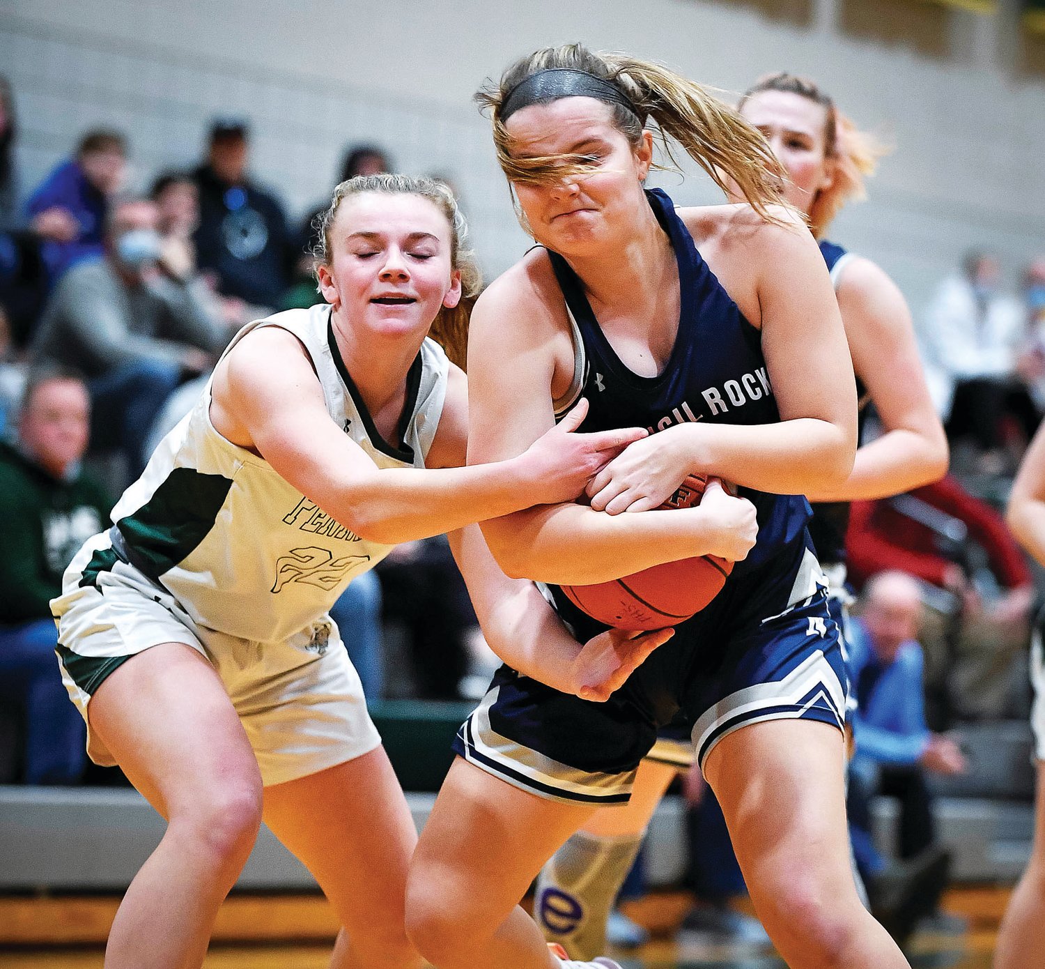 CR North’s Kristen Polinsky secures a rebound midway through the first half in front of Pennridge’s Emma Pyne.
