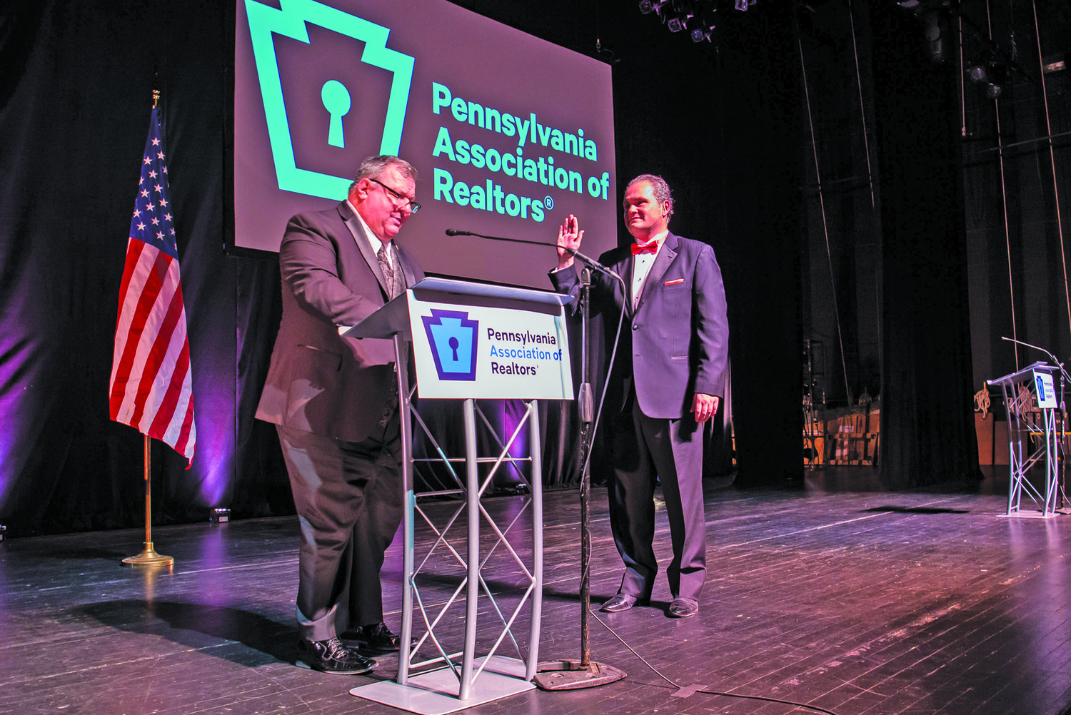 Bucks County Realtor Todd Polinchock, left, a past president of the Pennsylvania Association of Realtors® serving in 2016, welcomes Christopher Beadling, who was installed recently as the 2022 president.