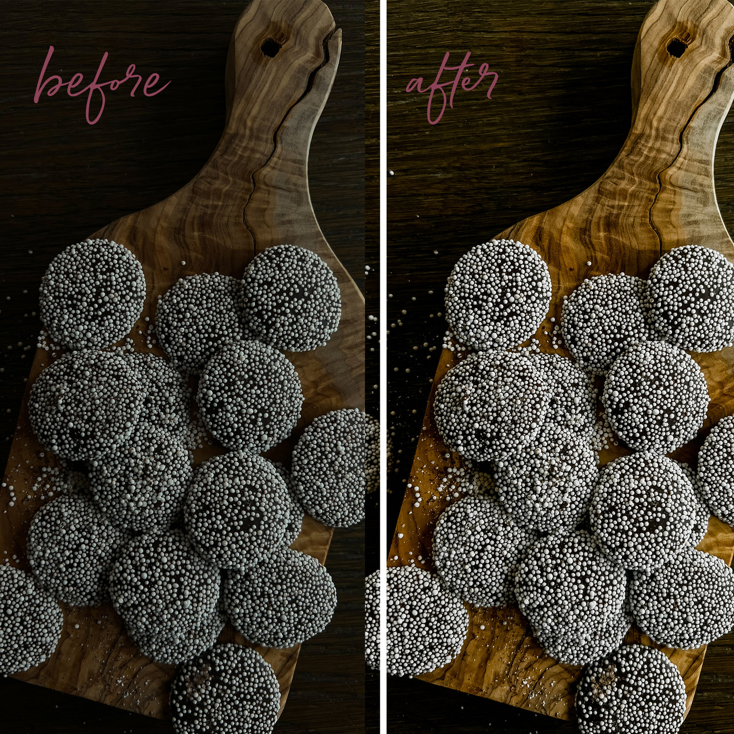 Two images compare an image with a Lightroom preset with an original image.