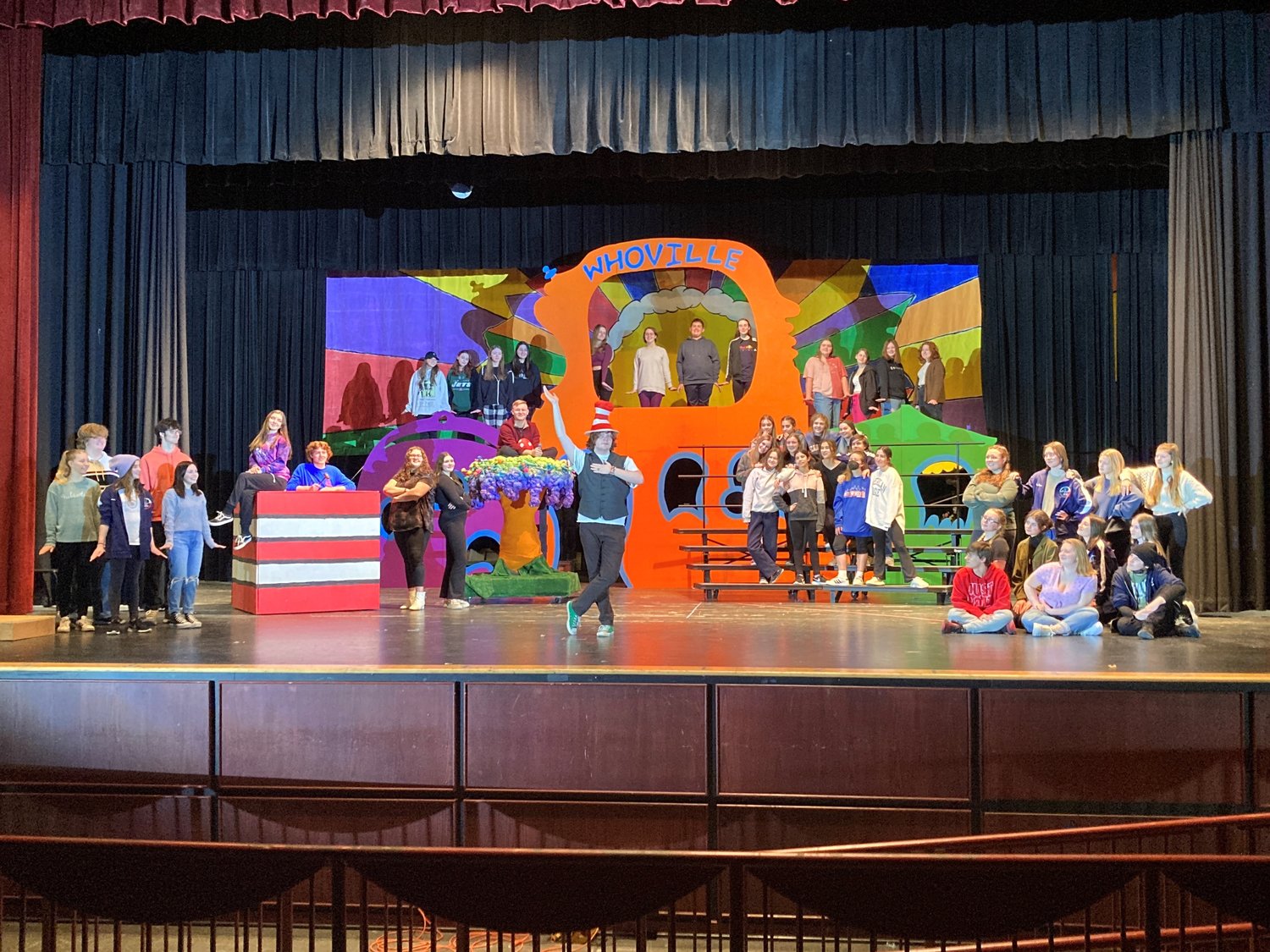 The Council Rock High School South Golden Wings theater company rehearses “Seussical,” its first musical theater production since the pandemic closures, to be presented March 3 to 5.