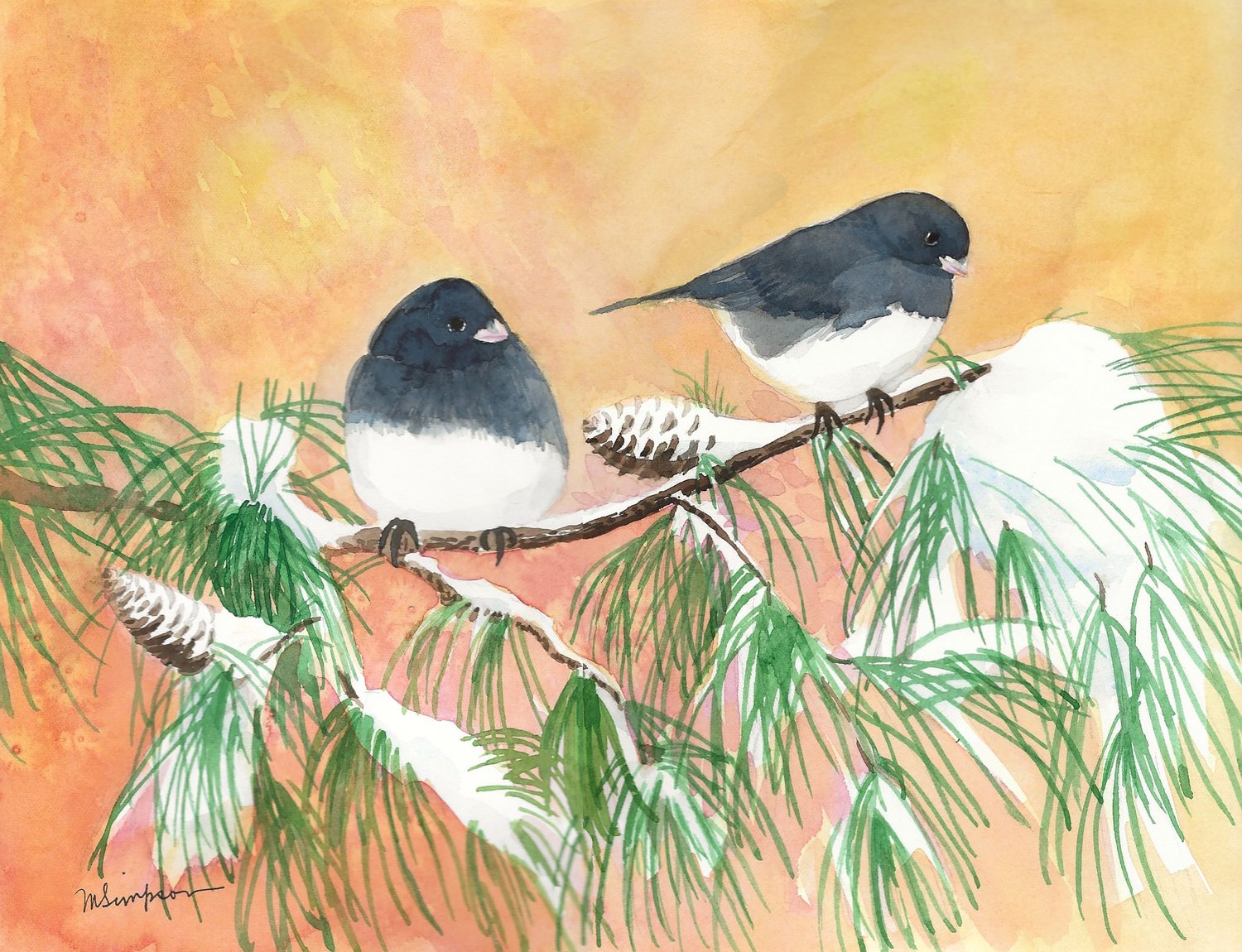“Dark Eyed Juncos” by Margaret Simpson is among the artwork on view in “N.J. Birds & You.”
