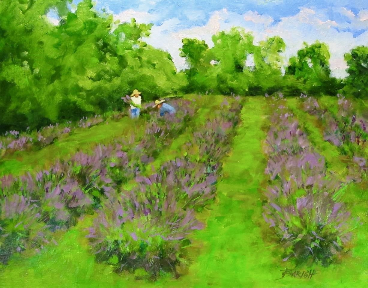 “Lavender Workers” by Bob Barish, is an oil on panel from an earlier show.