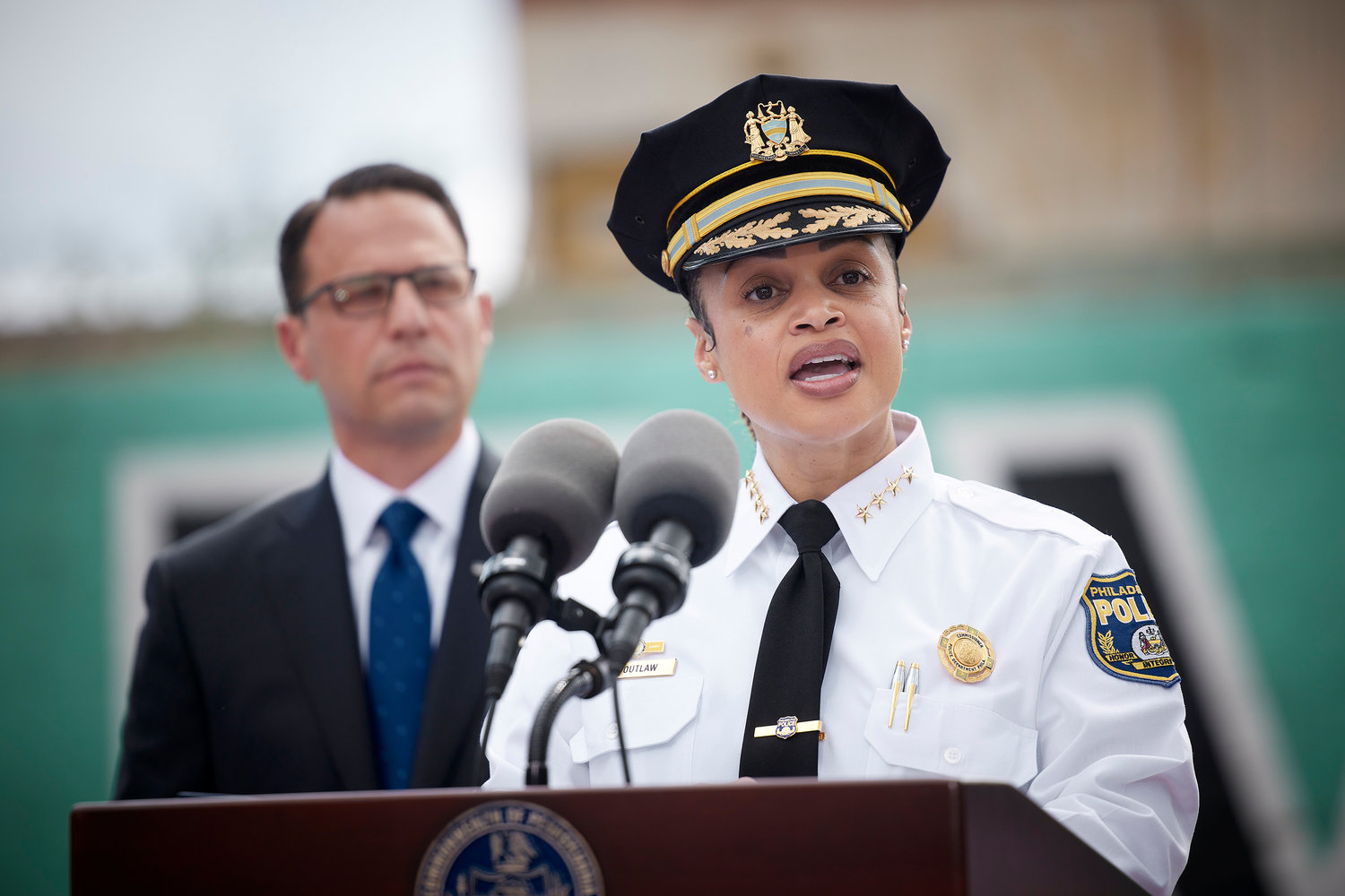 Danielle Outlaw, Philadelphia Police Commissioner speaks with the press. Attorney General Josh Shapiro today announced that the Office of Attorney General has shut down a massive operation in Kensington.