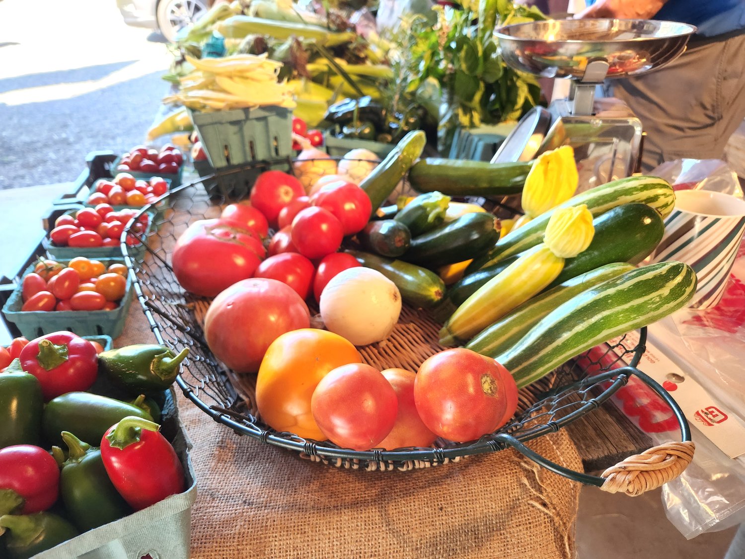Scott Geiser, a Bucks County Extension horticultural educator, created this attractive display of local produce at last Saturday’s Plumsteadville Grange Farmers Market.