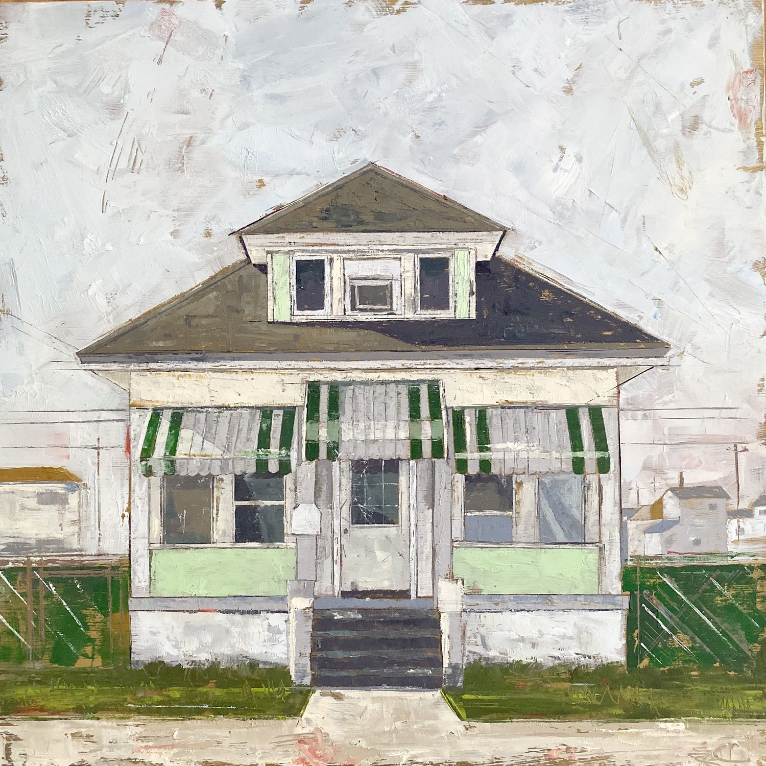 “Beach Bungalow” is an oil painting by Emily Thompson.